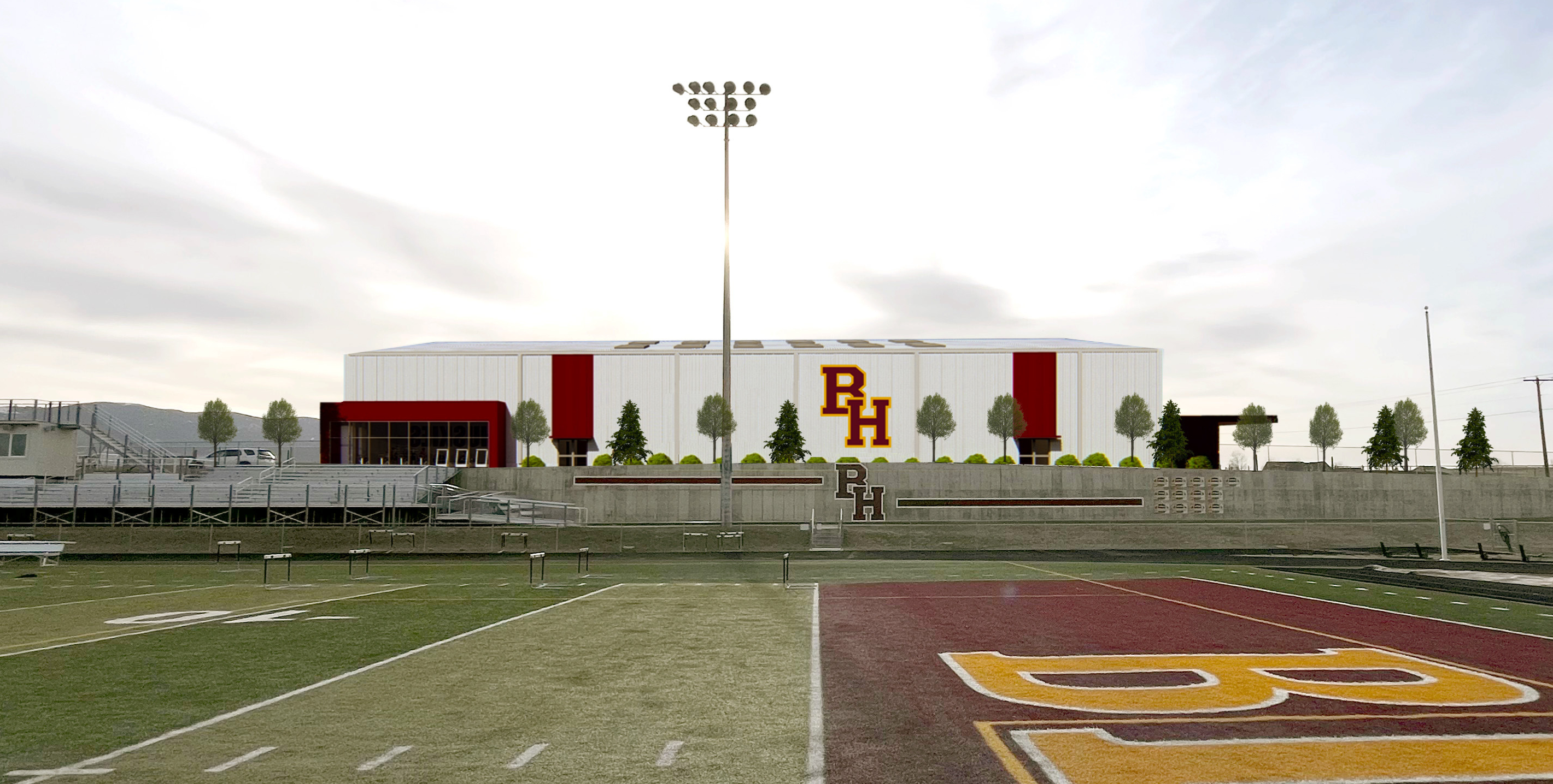 Architectural rendering of the proposed Big Horn Recreation Center beside the sports field